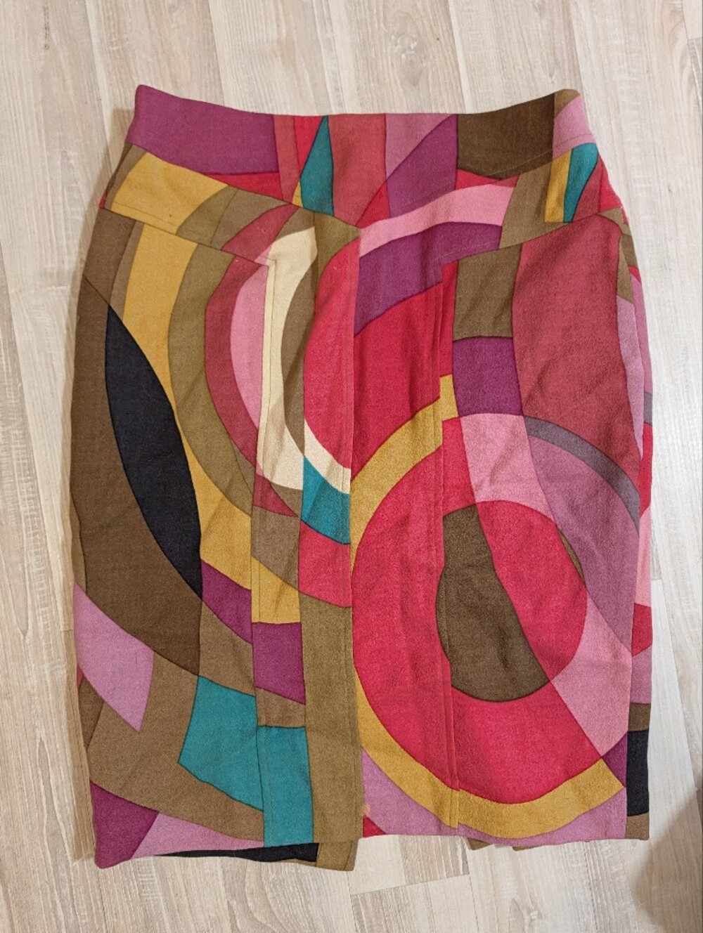 Vtg Y2k Multicolor Geometric Skirt - Vibrant Pink & Brown Accent 100% Wool